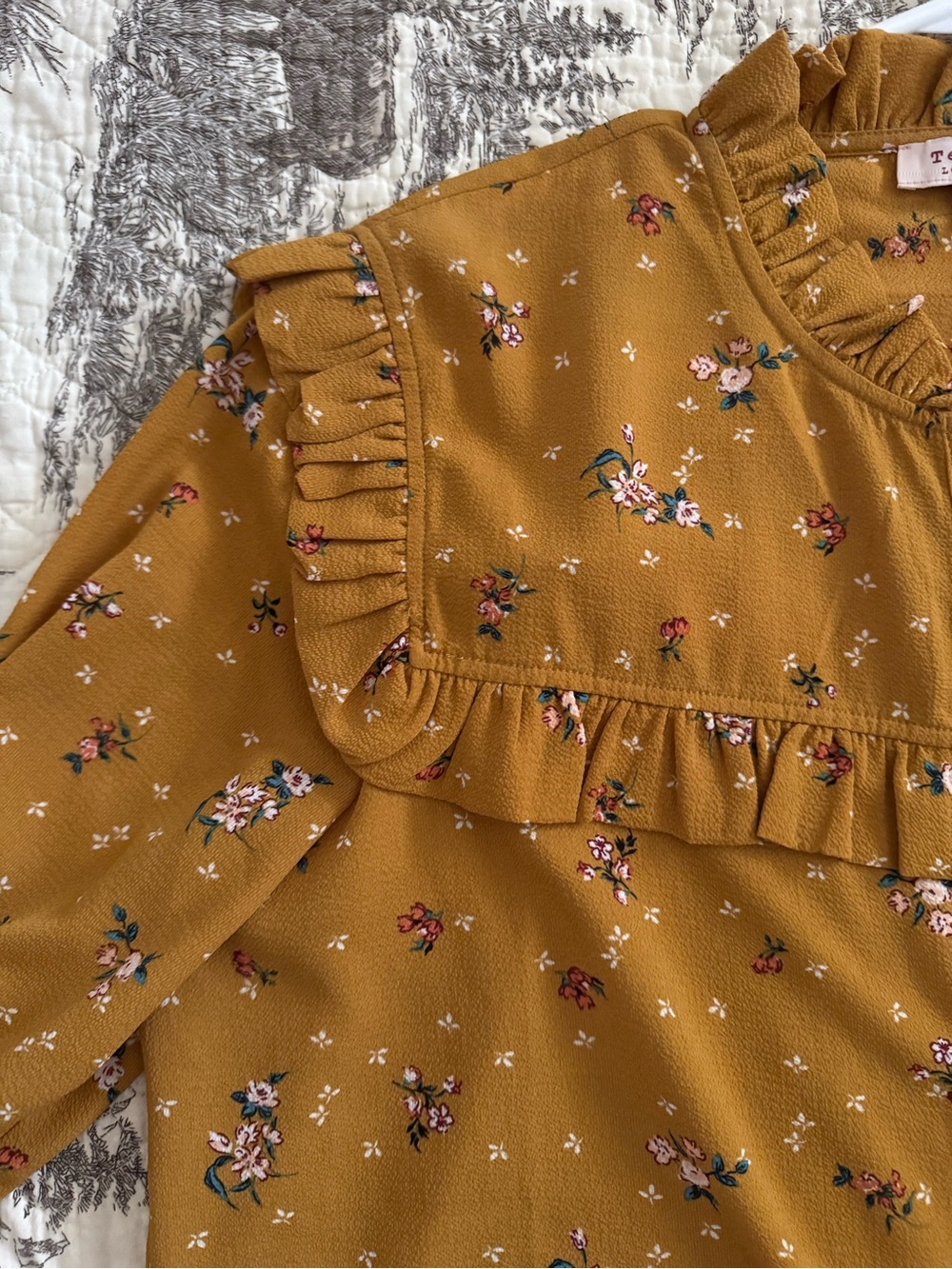 Tempted Mustard Floral Ruffle Button-Front Blouse - Picture 2 of 4